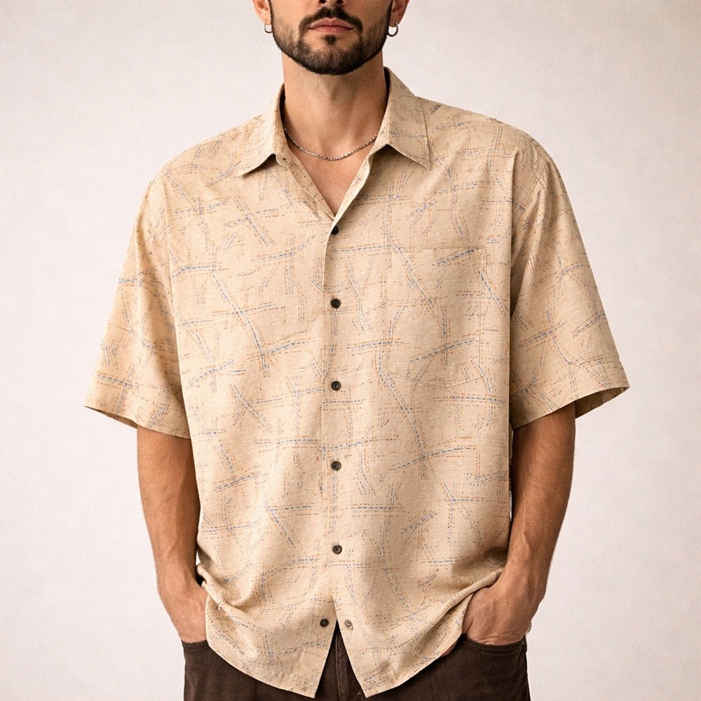 80s/90s VTG Firethorn Silk Shirt Mens XL Tan Geometric Jacquard Button Front